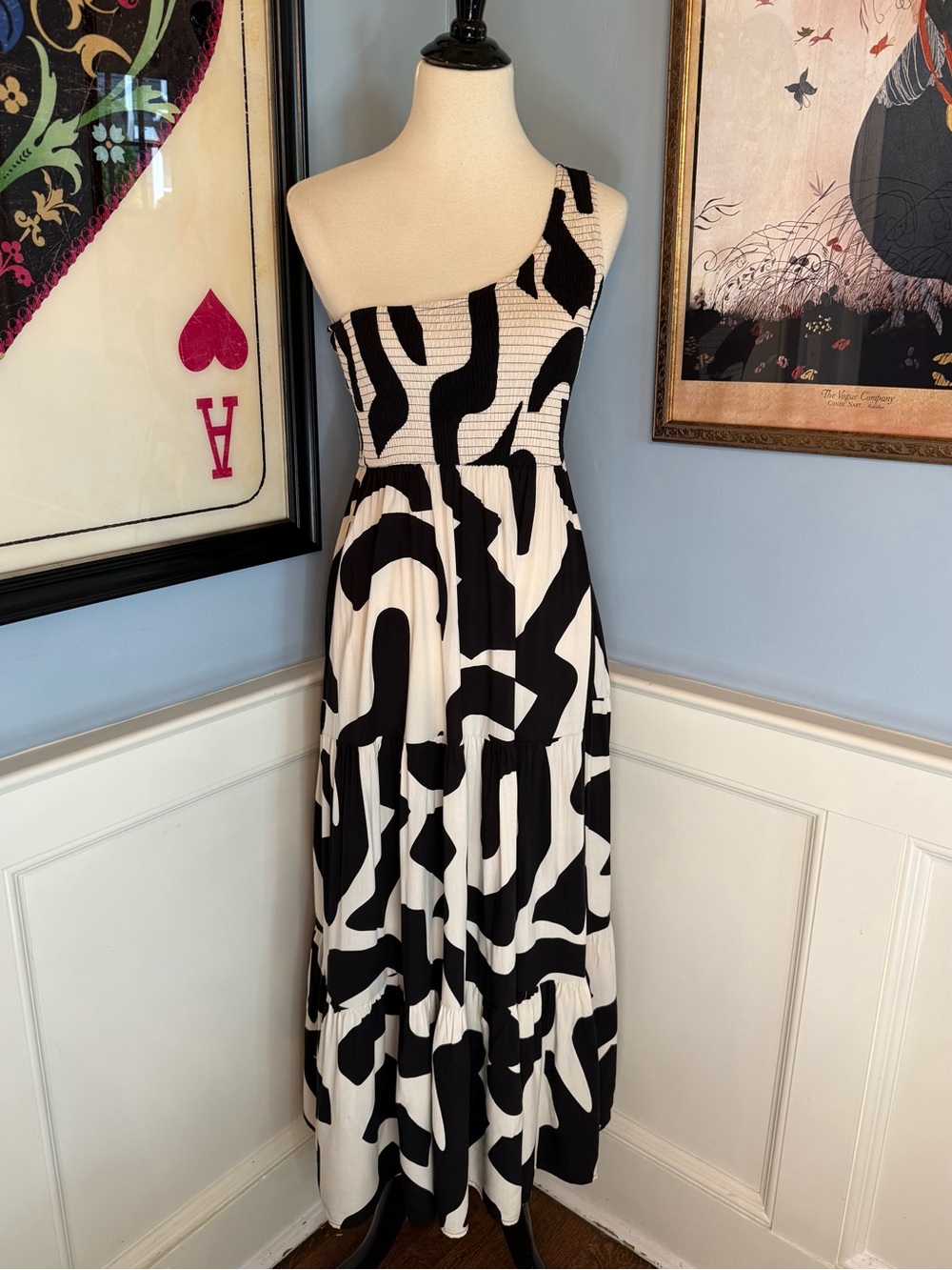 Anthropologie Abel the Label One Shoulder Black Cream abstract pattern Maxi sz s